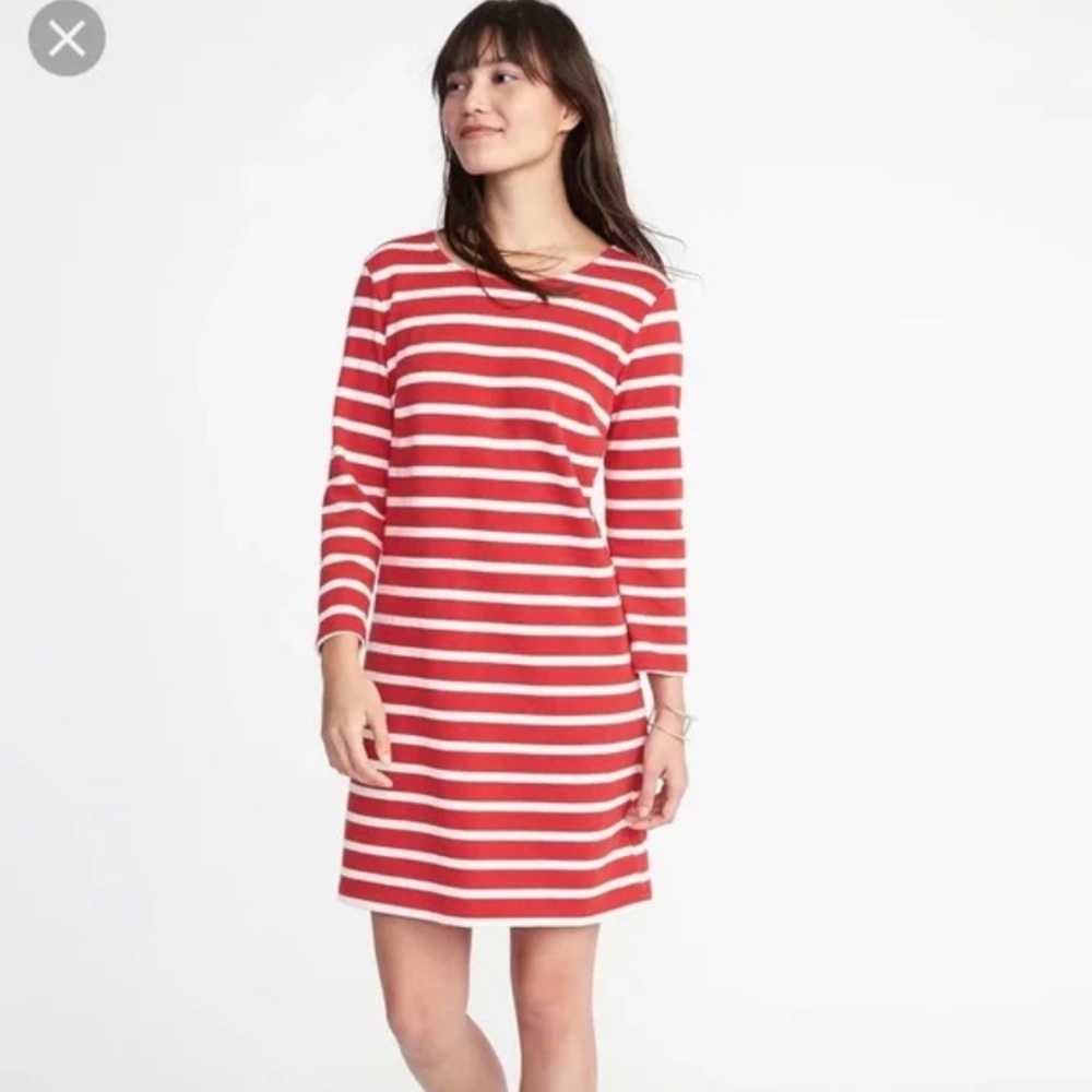 OLD NAVY Red/White Striped 3/4 Sleeve Bodycon Knee Length cotton Dress Sze Small
